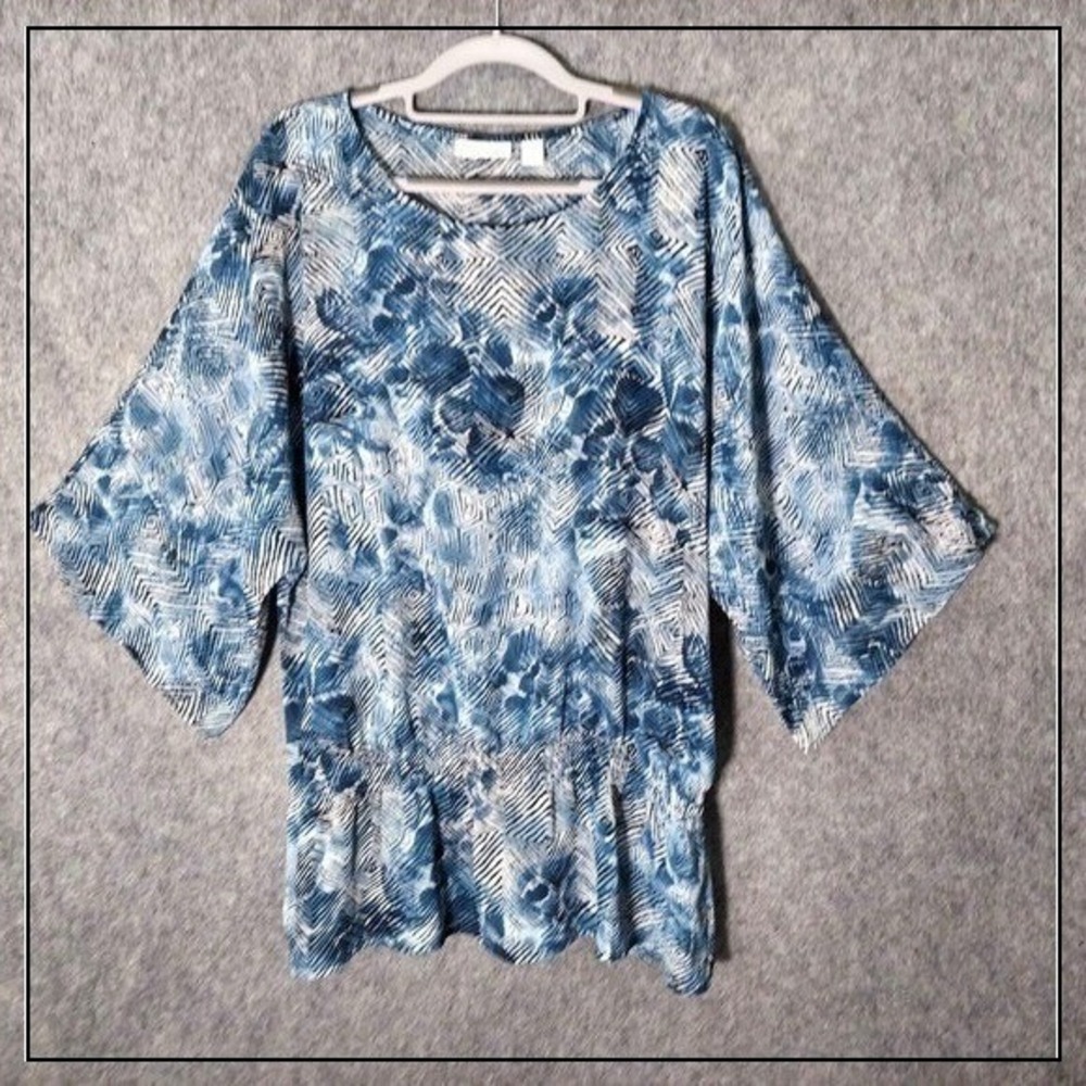 Chico's Women Blouse 3 XL Blue Boho Abstract Kimono Sleeve Smocked Waist Top